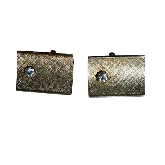 Mid Century gold textured cufflinks with prong set rhinestones vintage menswear - Picture 2 of 5